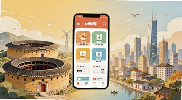 闽逛逛应用主界面全景展示,画面中央为手机屏幕,屏幕上呈现闽逛逛生活服务首页,包含美食、缴费、资讯等图标模块,背景区域为福建土楼与城市天际线交融的插画风格,色调温暖明亮,适配Boogu模型生成