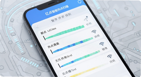 �ڵ����������ȵ�ɨ�蹦�ܽ��棬�ֻ���Ļ��ʾ���WiFi�ȵ��������ź�ǿ����״ͼ������Ϊǳ��ɫ�Ƽ�����������������չʾ�ȵ���������