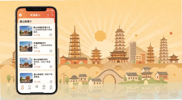 幸福唐山APP首页资讯界面,唐山城市地标背景,简洁明快的卡片式布局,手机屏幕展示本地新闻列表,暖色调,扁平化设计风格