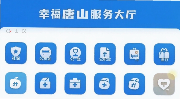 幸福唐山APP服务大厅页面,图标整齐排列,包含社保、公积金、医疗等入口,蓝色主色调,圆角图标,干净清爽的UI界面