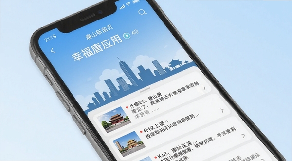 幸福唐山应用首页界面展示,手机屏幕中呈现唐山城市剪影与新闻资讯列表,背景为淡蓝色渐变,风格简洁现代