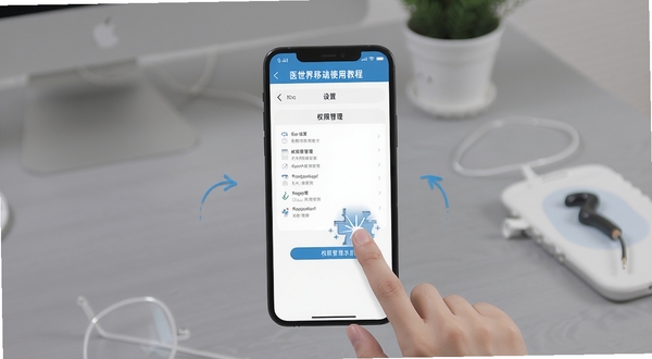 医世界移动端使用教程示意图,画面展示手机屏幕上医世界的设置菜单和权限管理界面,旁边有手指点击操作的示意,背景为简洁的桌面环境,突出操作指引