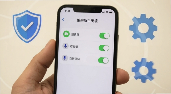 俄聊新手设置界面展示,画面中手机屏幕显示权限管理页面,有通讯录、存储、麦克风等权限开关,背景为浅色,周围有盾牌和齿轮图标,突出安全设置主题