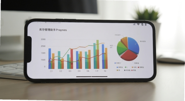 库存管理助手数据报表界面展示,手机屏幕显示彩色柱状图和饼状图,背景为简约办公桌面,光线柔和,画面清晰专业