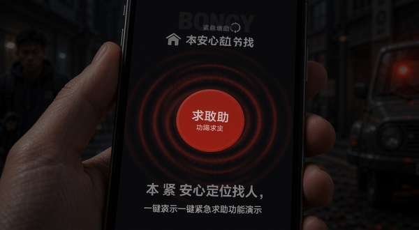 安心定位找人一键紧急求助功能演示,画面是一个手机屏幕特写,屏幕中央有一个醒目的红色求助按钮,按钮周围有扩散的波纹效果,背景是暗色调,突出紧急氛围