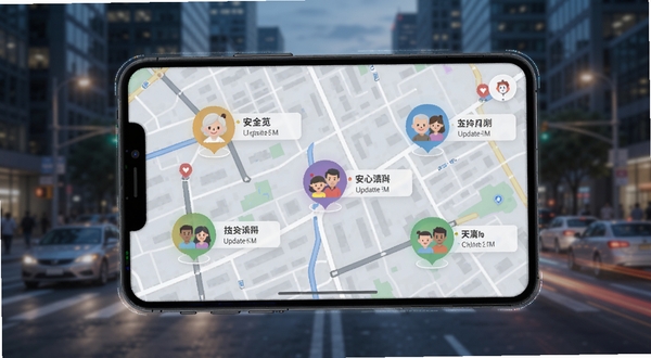安心定位找人实时位置共享功能界面,画面展示一张城市地图,地图上有几个不同颜色的头像图标代表家人,每个图标旁显示距离和更新时间,背景是虚化的城市街景,突出科技感与实用性