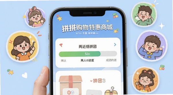 拼拼购物特惠商城拼团页面,手机屏幕显示两人拼团进度条,周围有卡通人物图标表示成团,背景为淡蓝色,风格活泼
