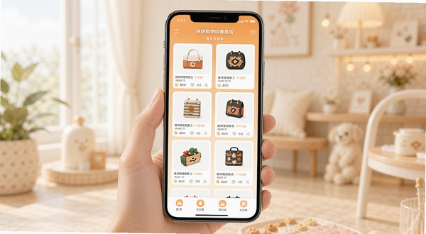 拼拼购物特惠商城APP首页特惠商品瀑布流展示,手机屏幕中央呈现商品卡片列表,背景为浅橙色渐变,画面明亮温馨