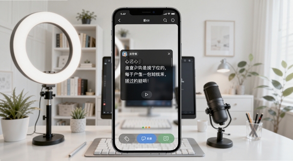 出镜助手软件主界面全貌展示,画面正中央是手机屏幕,屏幕内显示APP的悬浮提词窗口和功能按钮,背景为明亮的现代简约书房环境,桌上放置着环形补光灯和麦克风,整体色调清新自然,突出创作氛围,适配Boogu模型生成