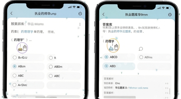 执业药师华云题库手机端答题界面,展示一道药理学单选题,下方有ABCD四个选项和答案解析区域,界面配色柔和护眼