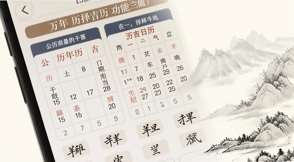 万年历日历择吉功能界面特写,手机屏幕中清晰展示公历与农历对照区域,干支生肖文字醒目,背景为柔和米白色,画面右侧有淡雅的水墨山水装饰,整体突出传统历法查询的便捷性