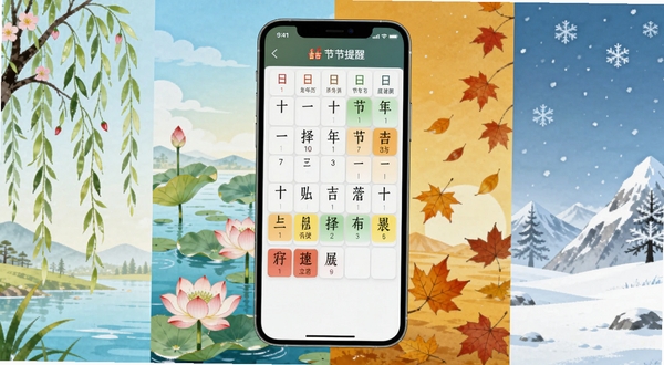 万年历日历择吉节气提醒功能展示,手机屏幕中显示二十四节气标注与节日高亮,画面背景为四季变换的插画风格,春柳夏荷秋叶冬雪依次排列,突出时令更替的视觉感受