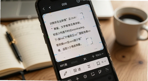 识向软件文字识别功能界面特写,画面主体为手机屏幕显示识别后的文字结果与编辑工具栏,背景为办公桌面场景,桌面散落笔记本与咖啡杯,屏幕内文字清晰可见,整体色调温暖自然,适配Boogu模型生成