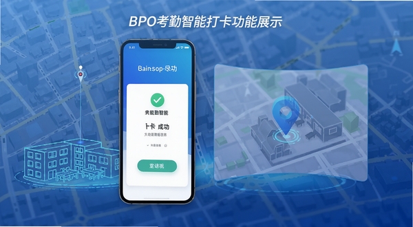 BPO考勤智能打卡功能展示图,手机屏幕显示打卡成功界面与地图定位标记,背景为城市地图与办公区域轮廓,画面风格现代科技感,蓝色渐变色调
