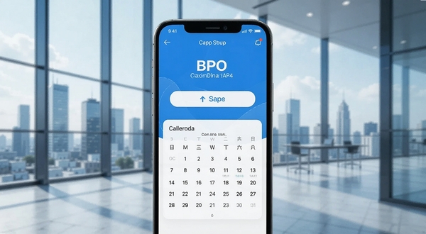 画面中央展示一部智能手机,屏幕上显示BPO考勤应用的主界面,包含打卡按钮和考勤日历,背景为现代办公楼的玻璃幕墙与城市天际线,整体色调为蓝色与白色,画面简洁明亮,突出移动办公的便捷感