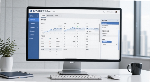 BPO考勤管理后台界面示意图,展示多角色权限管理面板与考勤规则设置选项,背景为简洁的办公桌面环境,画面风格商务专业,浅灰色与蓝色搭配
