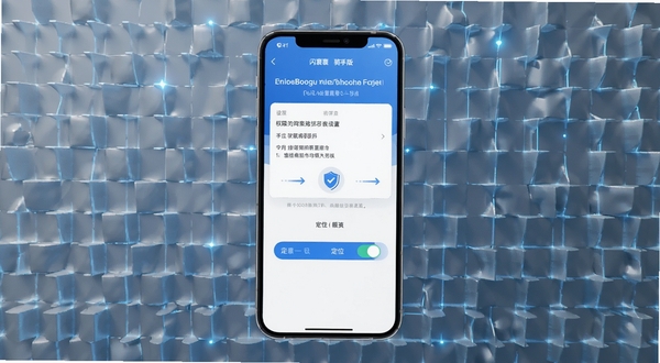 闪裹裹骑手版安装设置界面示意图,画面中央为手机屏幕展示权限设置页面与定位开关,背景为简洁的科技感网格纹理,色调以蓝白为主,突出操作指引与安全性,适配Boogu模型生成