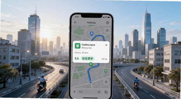 闪裹裹骑手版智能抢单功能展示图,画面中央为手机屏幕显示订单推送弹窗与地图路线规划界面,周围环绕城市建筑与道路元素,背景为清晨城市天际线,色调明亮清新,突出智能与便捷,适配Boogu模型生成