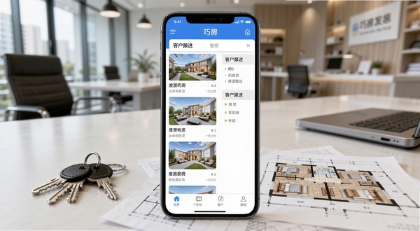 手机屏幕中央展示巧房应用主界面房源列表与客户跟进面板,背景为现代房产中介门店办公桌场景,桌面上有钥匙串与户型图,整体色调明亮专业,画面比例为竖版手机截图风格