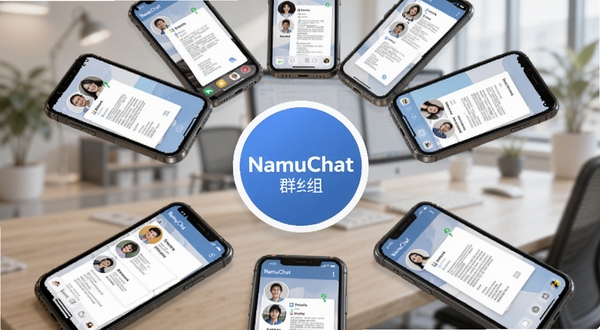 NamuChat群组协作场景示意图,画面展示多部手机围绕一个中心圆形图标排列,每部手机屏幕显示不同群成员头像与共享文档缩略图,中心图标标注NamuChat群组字样,背景为柔和的办公场景虚化处理