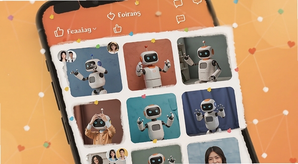 乐森世界社区分享页面,手机屏幕显示作品列表和点赞评论图标,画面中有多个用户头像和机器人动作缩略图,背景为温暖的社交风格配色,体现互动与分享氛围