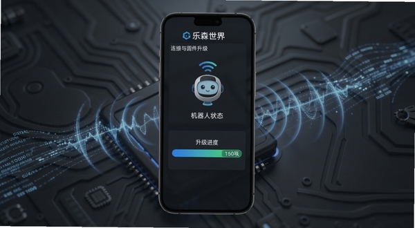 乐森世界设备连接与固件升级页面,手机屏幕显示机器人连接状态和升级进度条,背景为深灰色科技质感,画面中有数据流和信号波纹元素,突出无线连接与系统维护功能