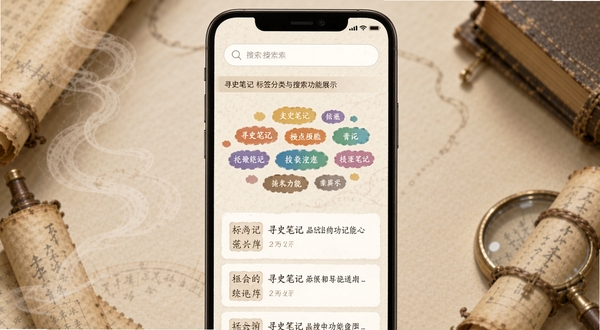 寻史笔记标签分类与搜索功能展示,手机屏幕上方为搜索框,下方为彩色标签云与笔记列表,背景为浅米色,画面主体位于屏幕中央,周围有淡淡的书卷气息装饰元素