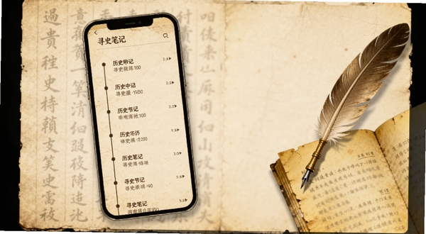 寻史笔记安卓端主界面展示,手机屏幕中呈现简洁的历史时间线列表,背景为淡雅的古籍纸张纹理,画面主体位于中央偏左,右侧留白区域放置一支羽毛笔与泛黄书页,整体色调温暖柔和,适配Boogu模型生成