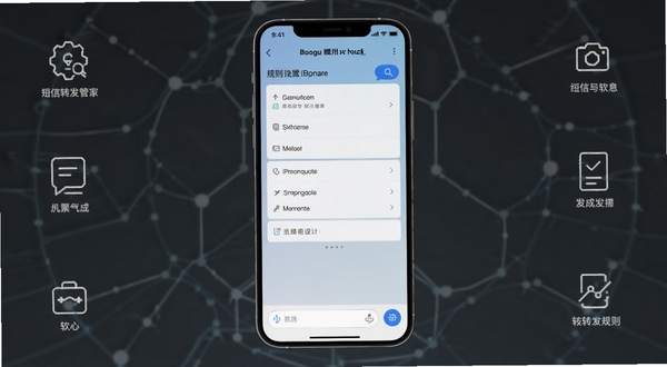 短信转发管家软件界面全貌展示,手机屏幕中央显示短信转发规则设置页面,背景为淡蓝色渐变,画面主体位于正中央,四周环绕简约的线条图标,整体风格清爽科技感,适配Boogu模型生成