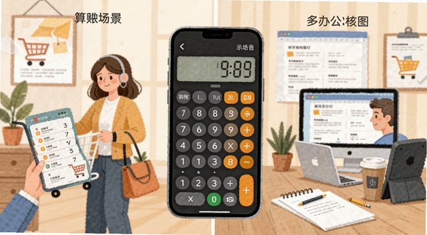 桌面语音计算器 多场景使用示意图 左侧为购物算账场景 右侧为办公核对场景 中间展示手机计算器界面 整体为插画风格