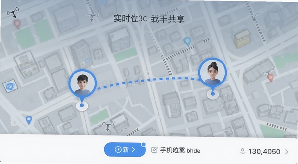 手机定位找人大师实时位置共享功能界面,地图上两个头像标记之间连接着虚线,背景为城市街道简图,界面底部有刷新按钮和距离显示,颜色以蓝白为主,风格清新现代