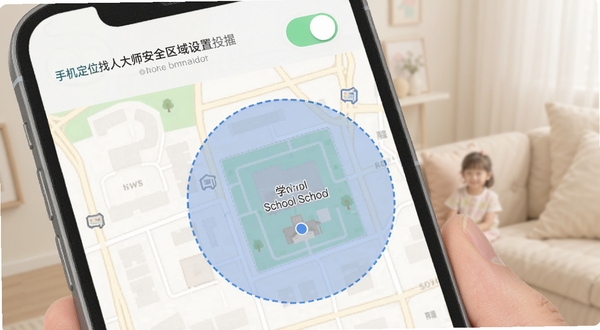 手机定位找人大师安全区域设置界面,地图上用半透明蓝色圆圈标出学校范围,圆圈边缘有虚线,界面顶部显示提醒开关按钮,整体配色柔和,适合家庭场景