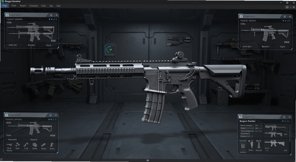 枪械精英软件主界面展示,画面中央为一把精细3D步枪模型,背景为深灰色科技感军械库场景,四周环绕枪械参数面板,整体色调冷峻,适配Boogu模型生成。