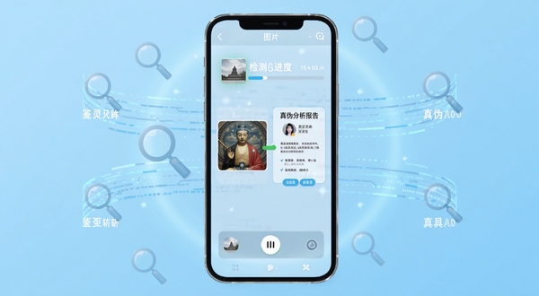鉴真灵眸 软件主界面 手机屏幕居中展示 背景为浅蓝色渐变科技感光晕 界面内显示图片检测进度条与真伪分析报告卡片 四周环绕数据流线条与放大镜图标 整体风格简洁明快 适配Boogu模型生成