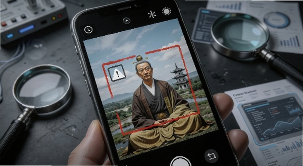 鉴真灵眸 AI生成图像识别 手机屏幕特写 界面显示一张风景照片被标记为AI合成 红色警示框圈出异常区域 背景为深色实验室风格 桌面上散落放大镜与数据图表 科技感十足 适配Boogu模型生成