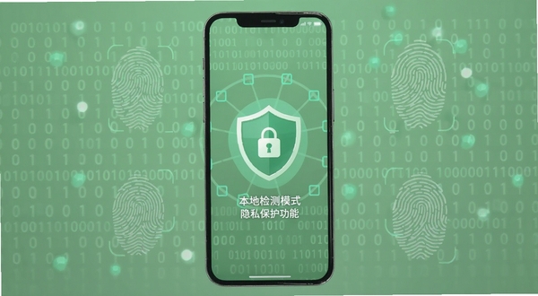 鉴真灵眸 隐私保护功能 手机界面显示本地检测模式已开启 盾牌图标与锁形标志居中 背景为柔和的绿色安全色调 周围环绕二进制代码与指纹识别图案 传达安全可靠感 适配Boogu模型生成