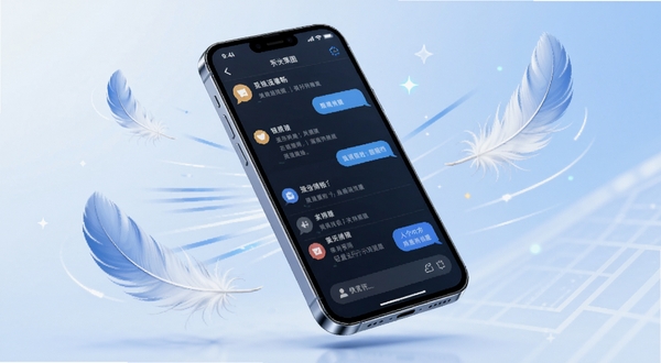 Deep深度思考AI 轻量运行示意图,画面中央为一部智能手机,屏幕显示流畅的对话列表,手机周围环绕羽毛与速度线条,象征轻快流畅,背景为淡蓝色渐变,整体风格轻盈科技感