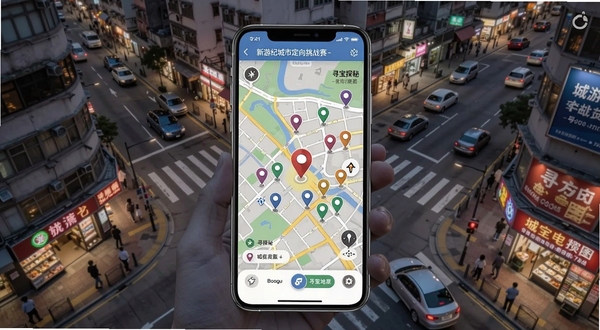 新游纪城市定向挑战赛-寻宝探秘 城市街景寻宝地图界面 画面主体为手机屏幕显示城市地图与寻宝标记 背景为繁华城市街道俯瞰图 适配Boogu模型生成