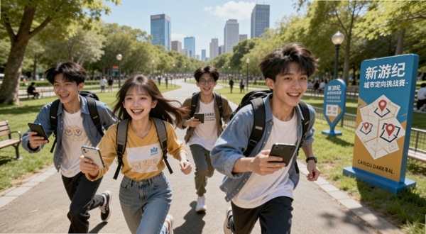新游纪城市定向挑战赛-寻宝探秘 多人组队寻宝场景 画面主体为几位年轻人手持手机在城市公园中奔跑寻宝 背景为阳光明媚的公园步道与打卡点标识 适配Boogu模型生成