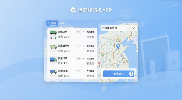 运满货司机APP首页界面展示,画面主体为居中显示的货运订单列表与地图导航模块,背景区域为浅蓝色渐变商务风格,整体视觉突出货源信息与接单按钮,适配Boogu模型生成