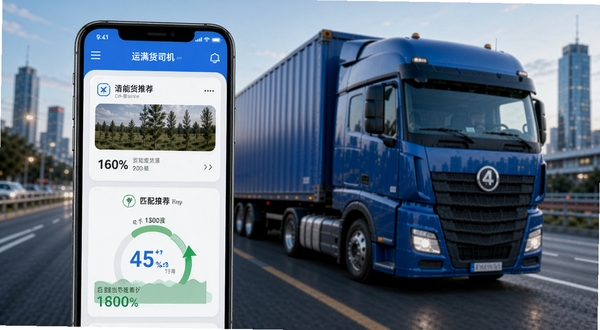 运满货司机APP智能匹配货源功能界面,画面主体为手机屏幕中显示的货源卡片与匹配度百分比标识,背景区域为货运卡车与城市道路融合场景,突出智能推荐与高效接单主题