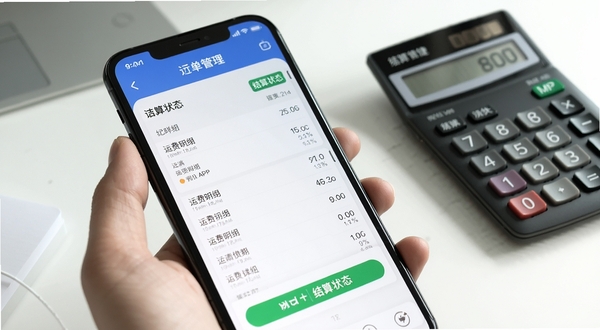 运满货司机APP运费结算与订单管理界面,画面主体为手机屏幕中显示的运费明细列表与结算状态标签,背景区域为简约办公桌面与计算器元素,突出财务清晰与结算便捷