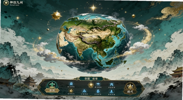 神创九州应用主界面全景图,画面中央为悬浮的九州大陆微缩模型,周围环绕星辰与云雾,下方为功能操作区域,背景为中国古典水墨风格天空,色调以青绿与金色为主,突出创世神话氛围