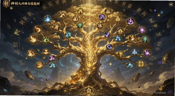 神创九州神力技能树界面,画面以一棵发光的金色古树为主体,树枝上分布着不同颜色的技能图标,背景为漂浮的符文与光点,整体色调为暖金色与深蓝色对比