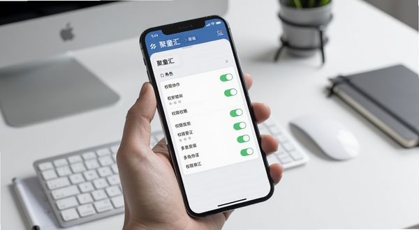聚童汇商家端权限设置界面,手机屏幕显示角色列表与权限开关,背景为简洁灰白办公桌面,手持手机的特写视角,现代商务风格,画面中体现聚童汇商家端多角色协作概念