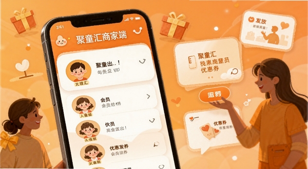 聚童汇商家端会员管理界面,手机画面显示会员头像列表与优惠券发放按钮,背景为温暖橙色调,人物剪影与卡片元素点缀,亲和力强的商业插画风格,突出聚童汇商家端会员功能