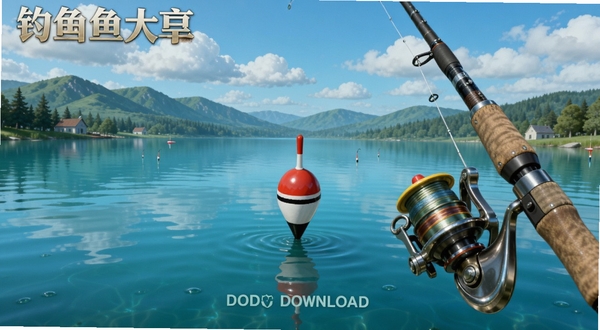 钓鱼大亨游戏主界面全景展示,画面中央是碧蓝湖面上的钓鱼浮标,远处有青山和白云,近处显示鱼竿和收线轮细节,整体风格清新写实,适合作为游戏下载页预览图
