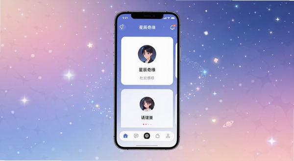 星辰奇缘应用主界面展示,画面中央是手机屏幕,屏幕内呈现清爽的社交匹配卡片界面,背景为柔和的星空渐变色调,周围点缀微光粒子,整体风格现代简约,突出社交应用氛围