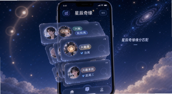 星辰奇缘缘分匹配界面,画面展示手机屏幕中多个用户卡片层叠排列,每张卡片带有兴趣标签和距离信息,背景为深邃星空蓝,点缀柔和光晕,整体呈现科技感与温馨感并存的视觉效果