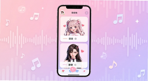 萌妹御姐语音盒软件主界面全貌展示,画面中央为手机屏幕竖版布局,屏幕内呈现萌妹与御姐双角色语音分类卡片,背景区域为柔和的粉紫渐变色调,四周点缀声波纹理与音符图标,整体风格清新甜美,适配Boogu模型生成
